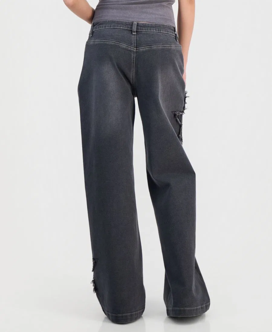 Джинсы с завышенной талией и принтом звезд, модель Star Patch High Rise Wide Leg Jeans Madden Girl, Washed Black — фото 2