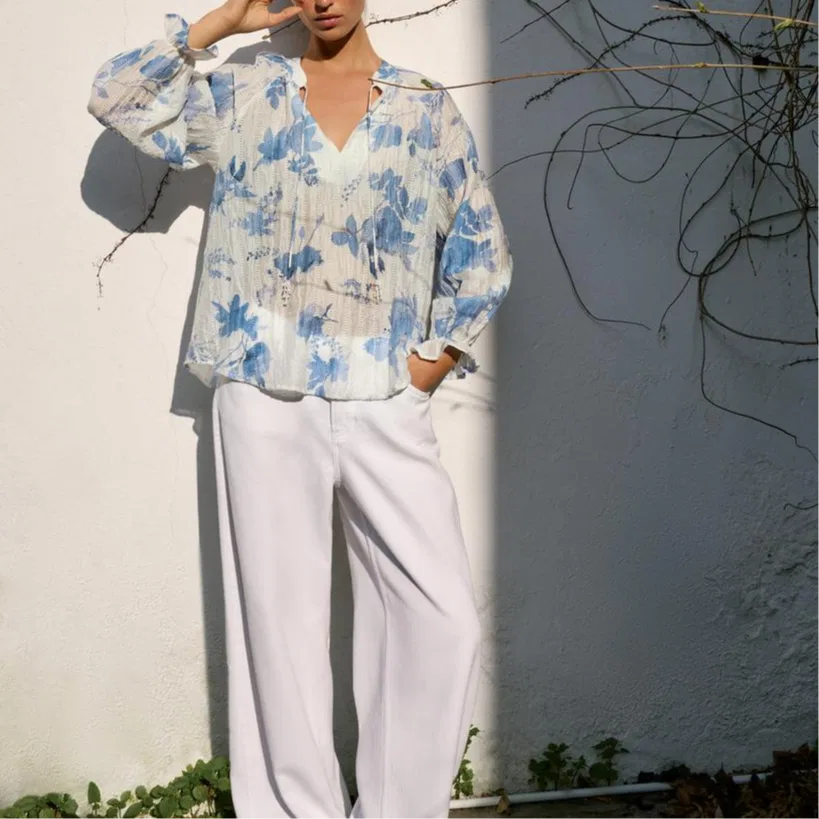 Женская рубашка с V-образным вырезом с длинным рукавом ZARA, Blue/White — фото 4
