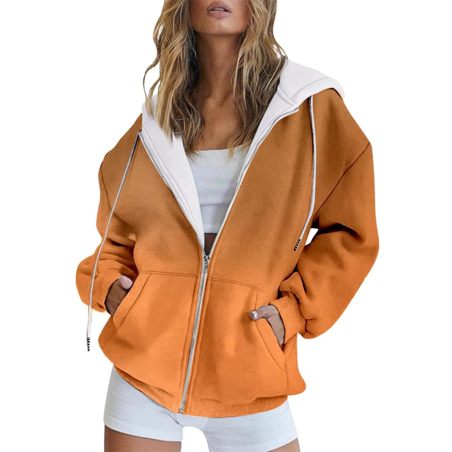 Женская куртка с принтом Autumn and Winter Gradient Print Casual Pocket Long Sleeve Drawstring Hooded Jacket Zipper Women's Faux Leather Jackets Women's Quilted Jacket, J