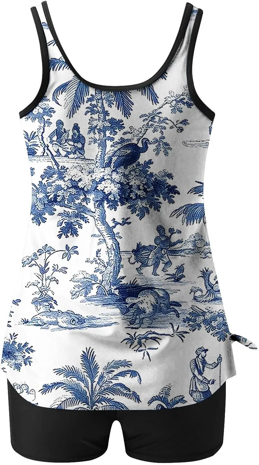 Женский танкини с цветочным принтом Adjustable Strap Top and Boyshort Bottoms, Blue — фото 4