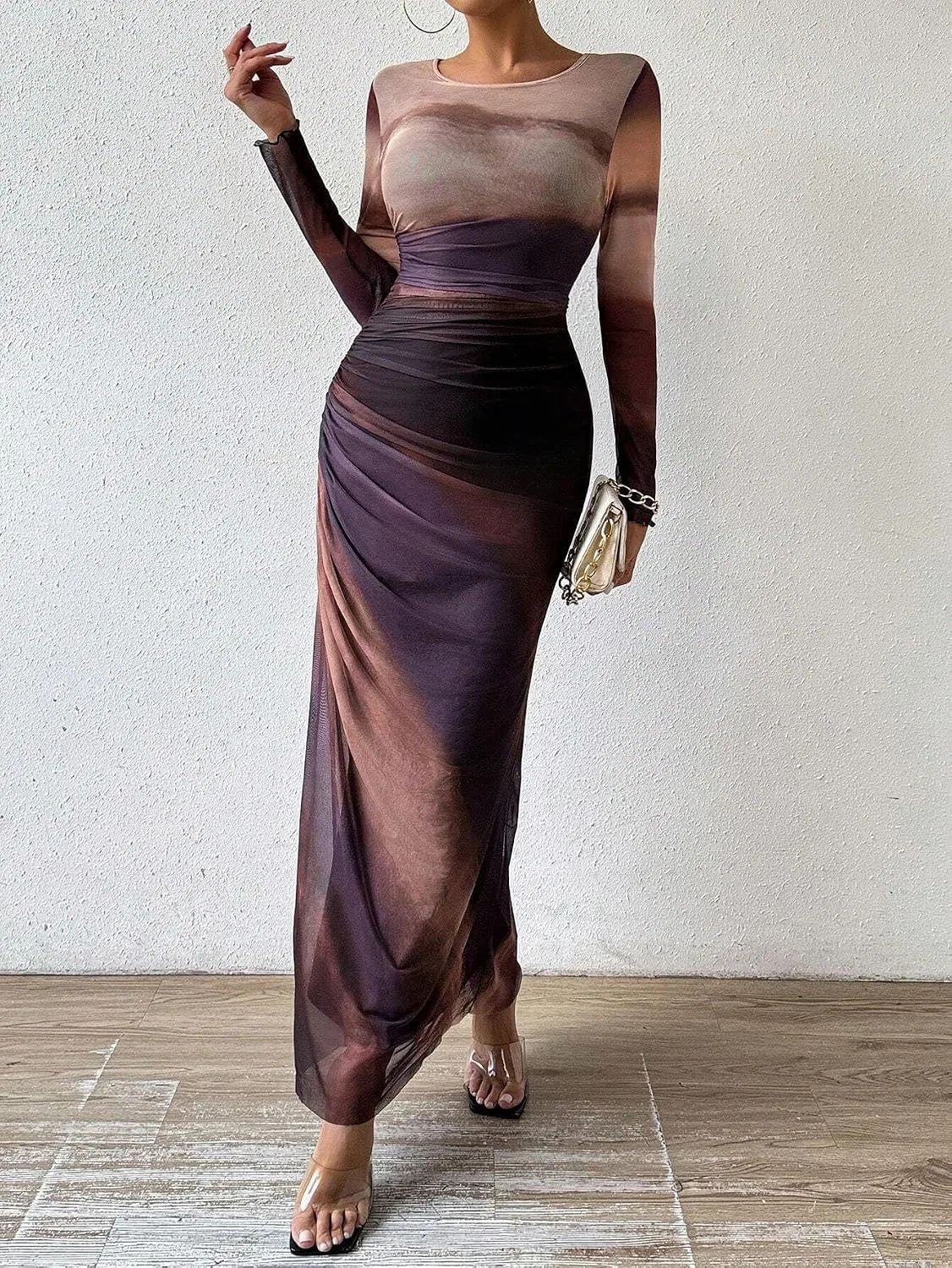 Женское платье макси с длинным рукавом Bodycon, Maroon — фото 4