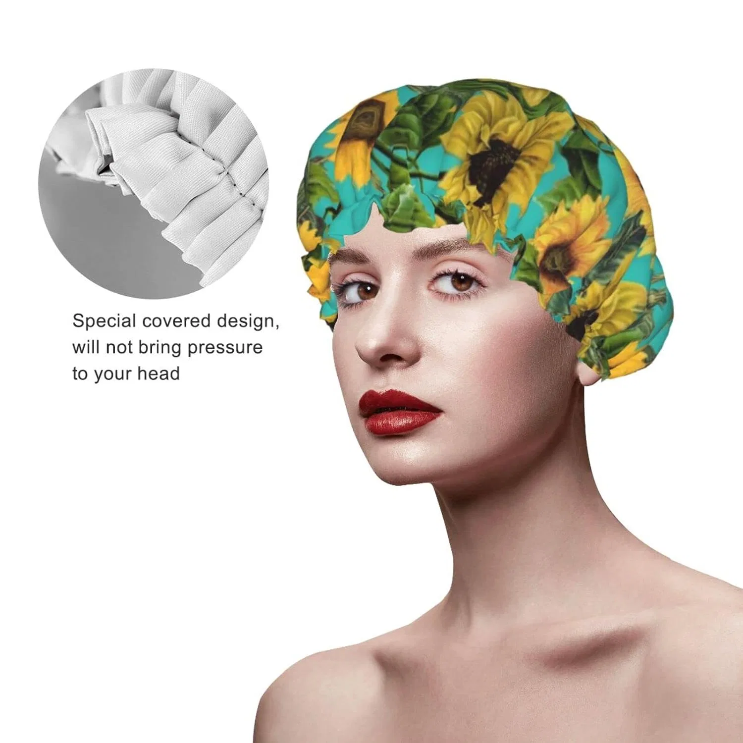 Душeвая шапочка Vintage Sunflowers, Oudrspo, двойной водонепроницаемый слой, на сине-зеленом фоне — фото 3