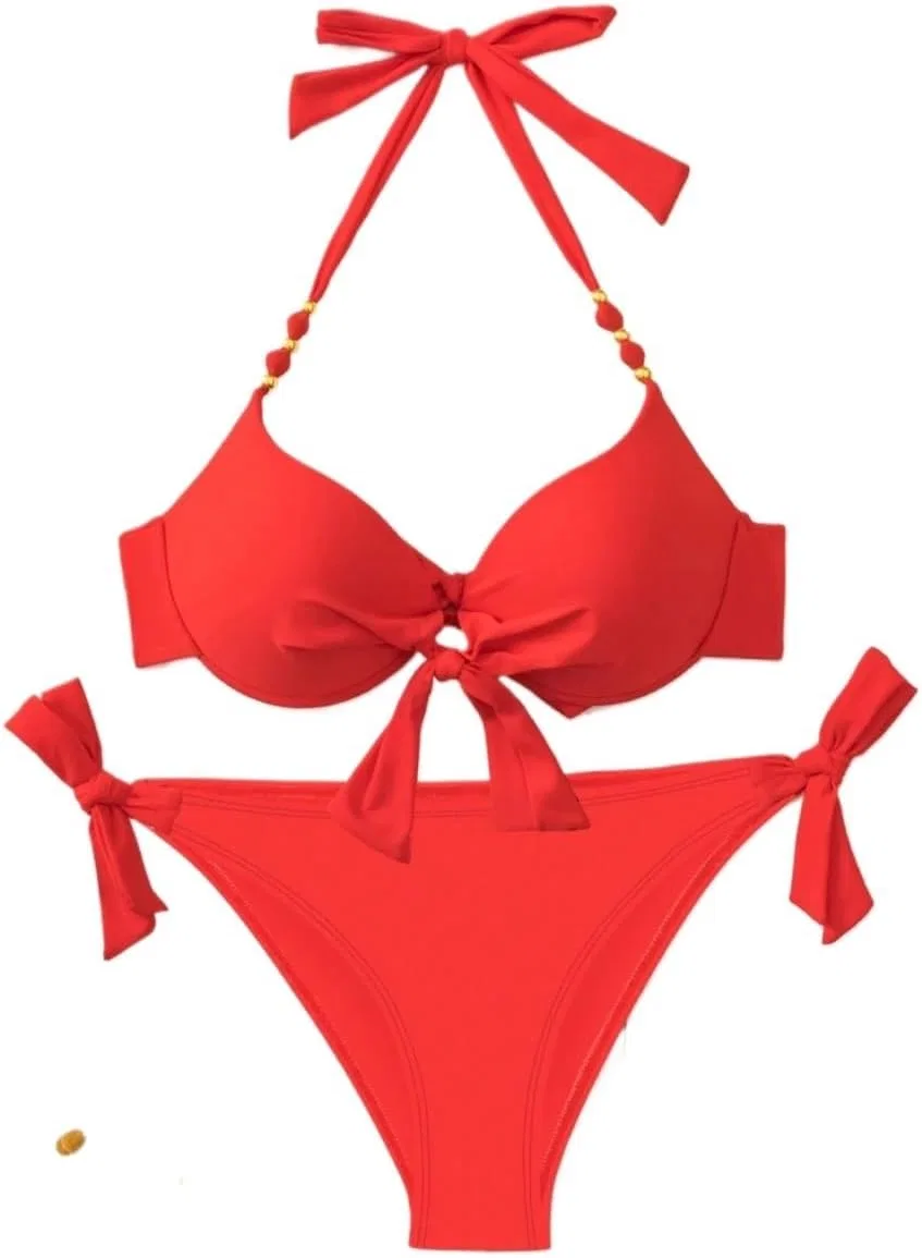 Женский бикини-сет с push-up и завязками, Two Piece Bikini Set, Red