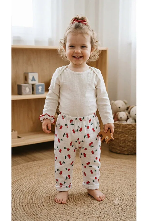Детские брюки для девочек хлопковые с принтом Cherry Pants + Scrunchie Buckle Set No Brand, Red