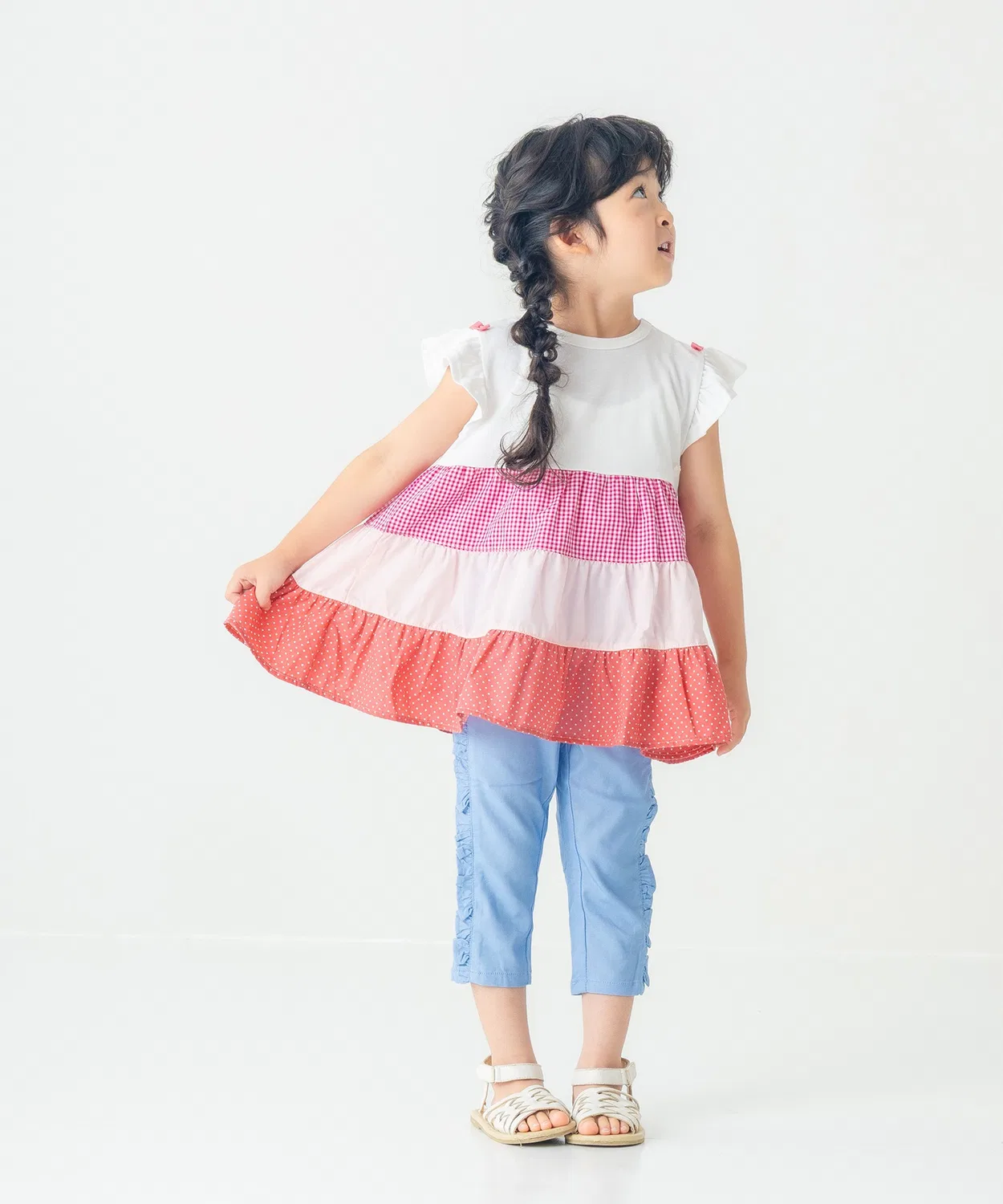 Детская туника для девочек с фриллами на рукавах, модель Multicolor Tired, la poche biscuit, Off White — фото 2