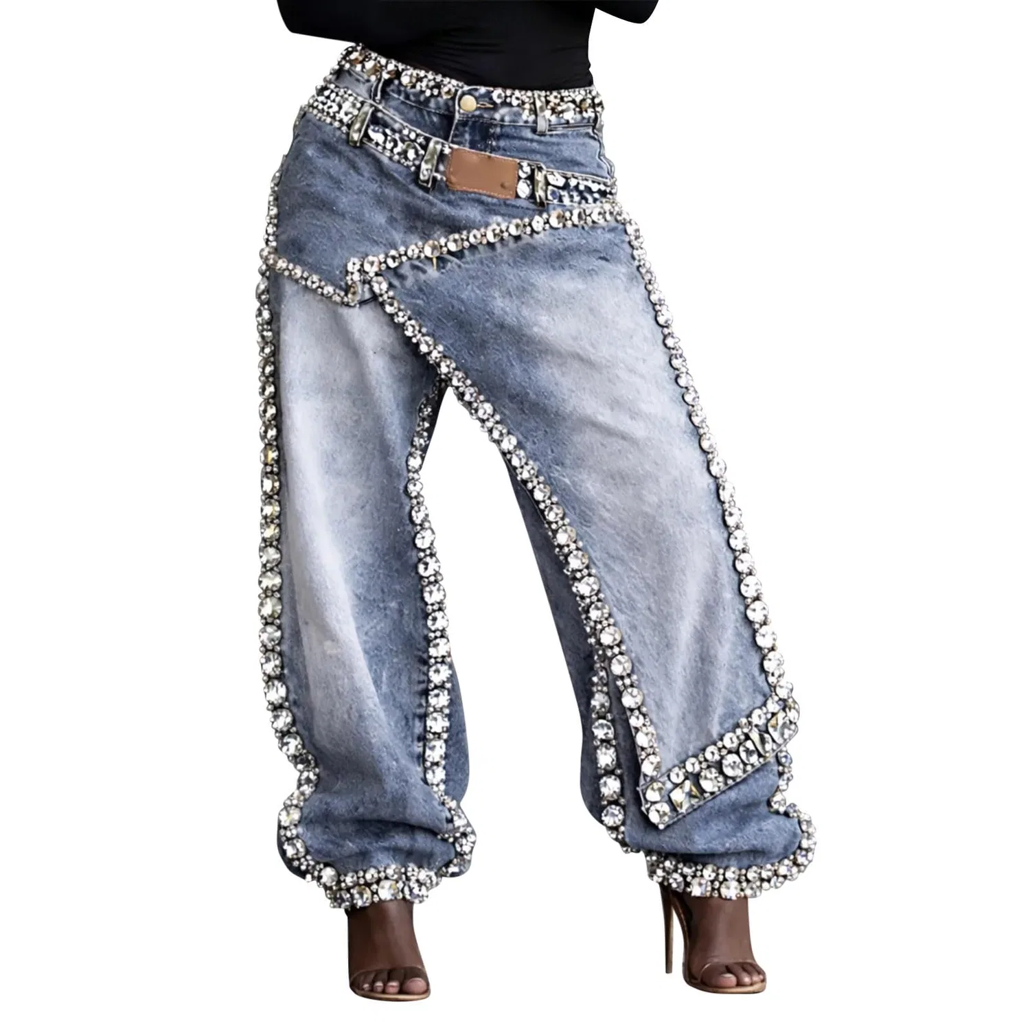 Женские джинсы с асимметричным кроем и стразами Wide Leg High Waist, Blue