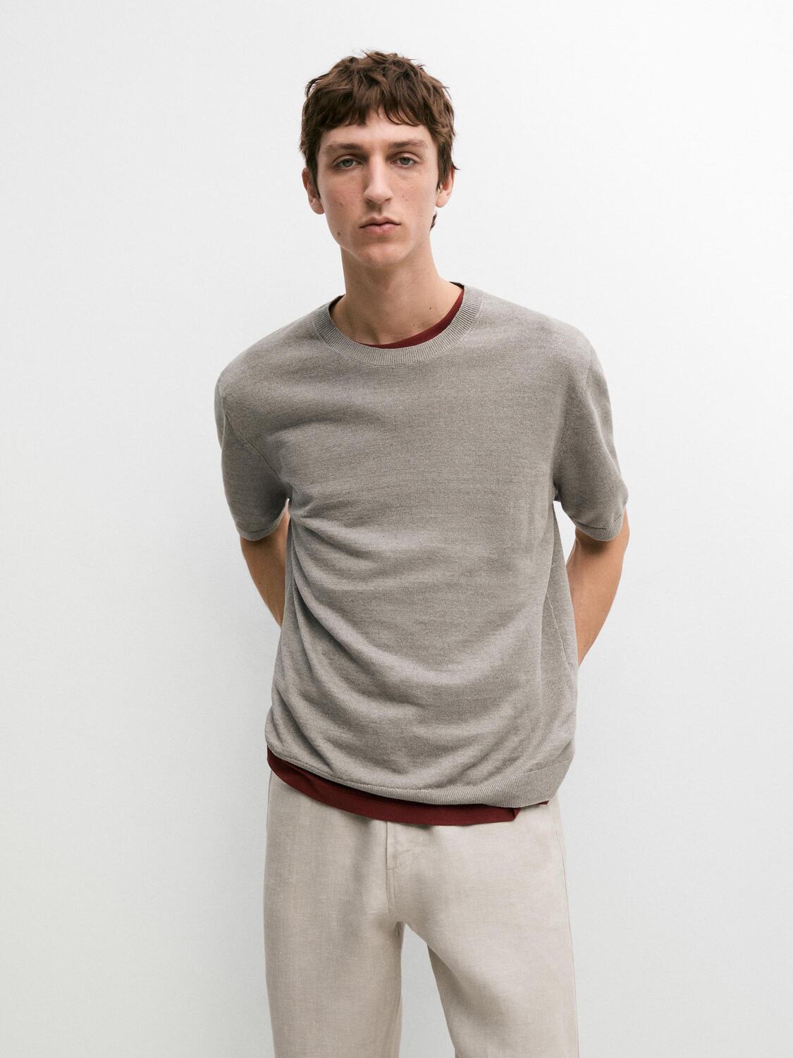 Футболка Massimo Dutti Lightweight 100% Linen Knit, серо-бежевый — фото 3