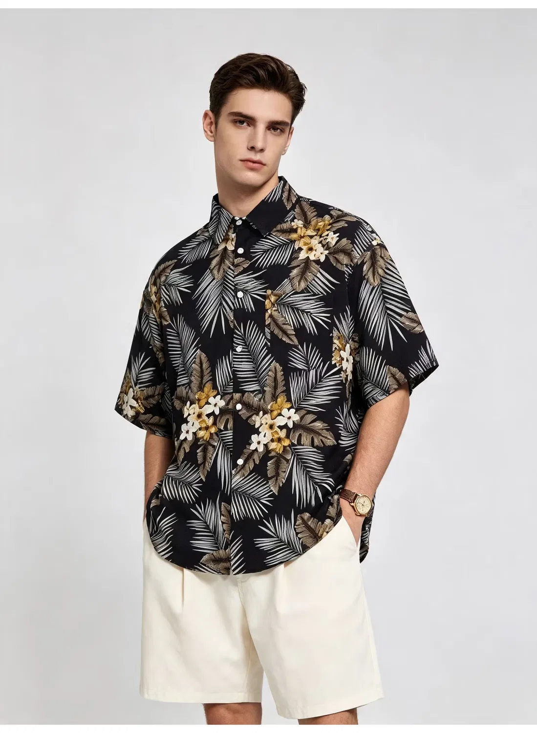 Рубашка с коротким рукавом и тропическим принтом Zara, черный — фото 2