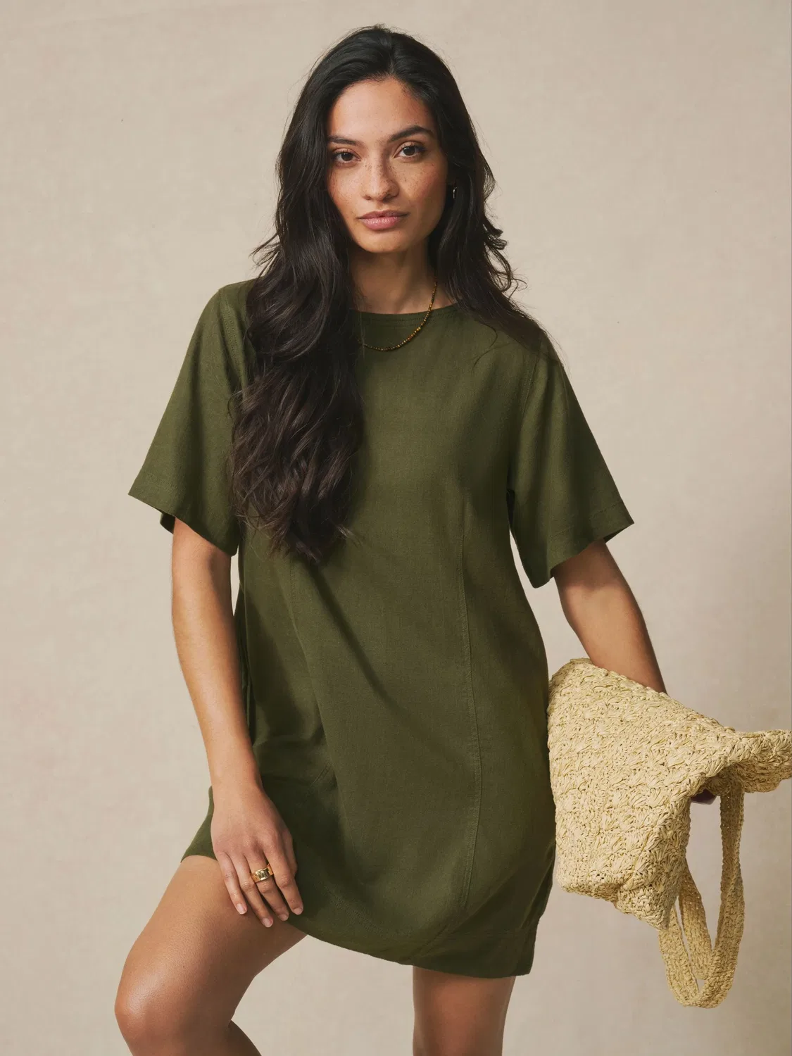 Платье-футболка мини с пуговицами на спине, Khaki Green Next
