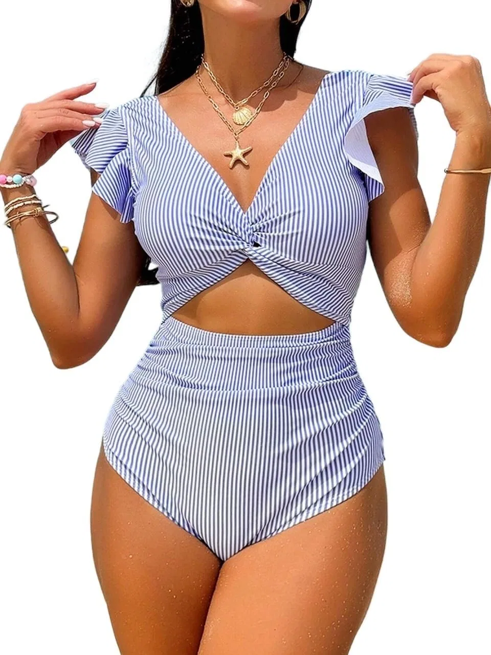 Женский слитный купальник с вырезами и воланами Striped Cutout, Blue and White