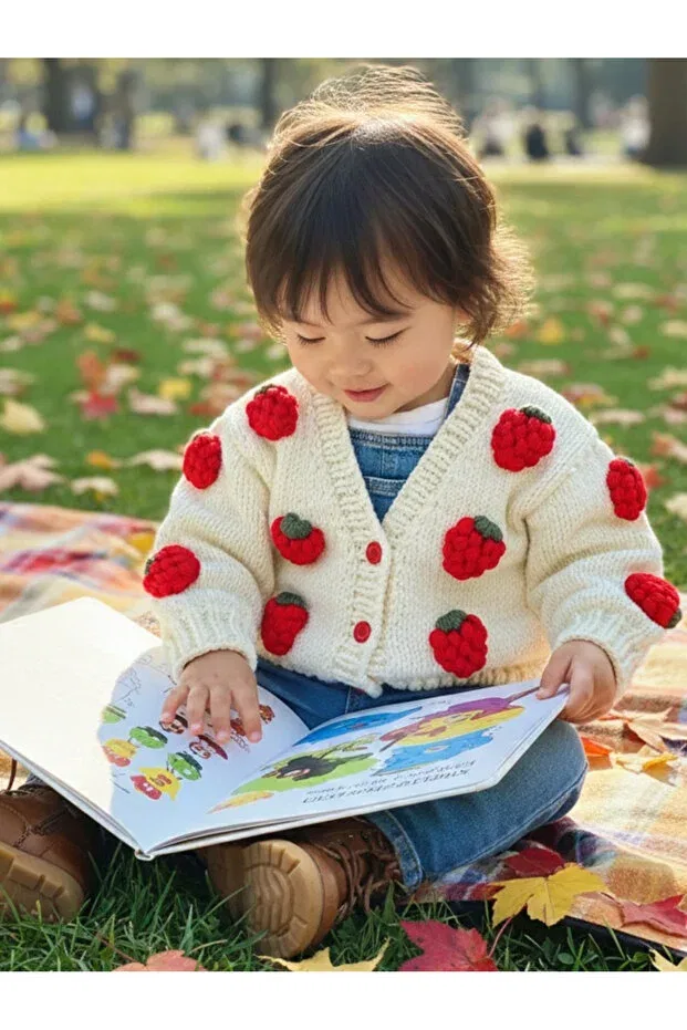 Детский кардиган для девочек с принтом Strawberry detailed hand knitted Nevalin, Ecru — фото 2