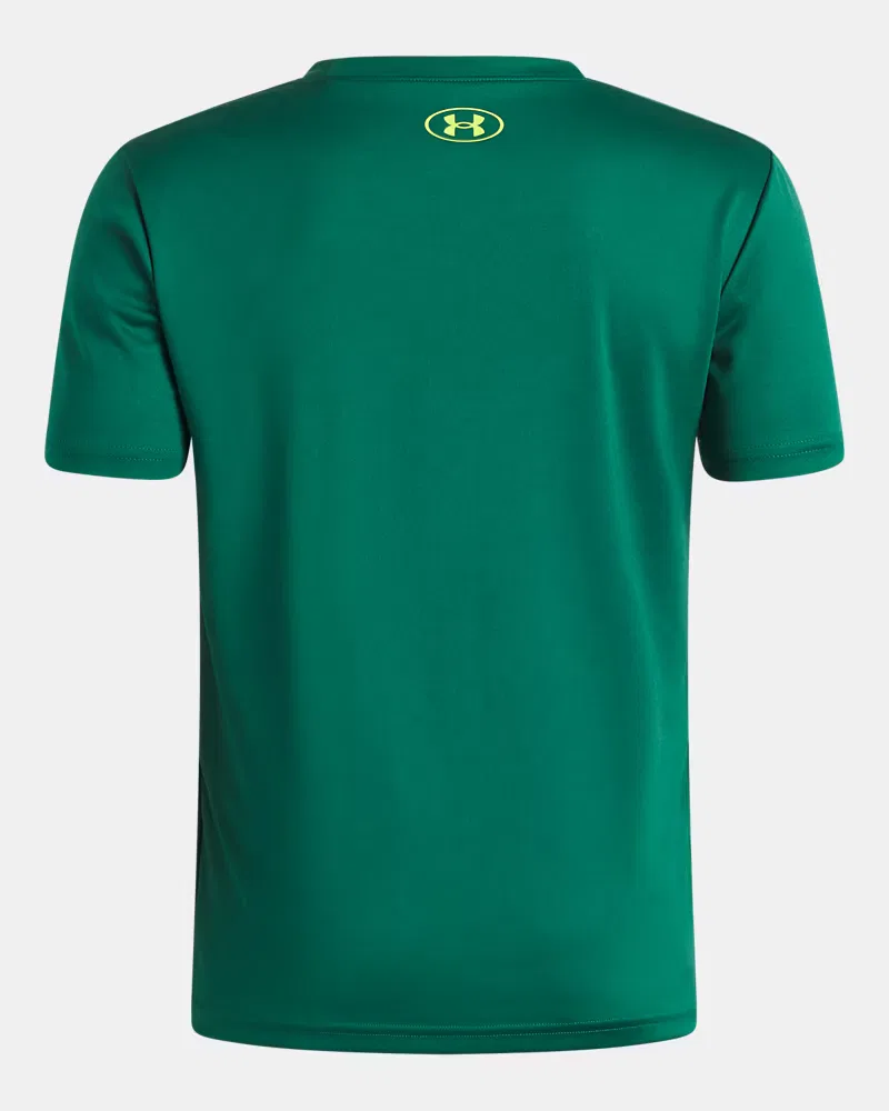 Футболка для мальчиков с коротким рукавом, быстросохнущая UA Tech Graphic UnderArmour, Campus Ivy/Green Citrine/Black — фото 2