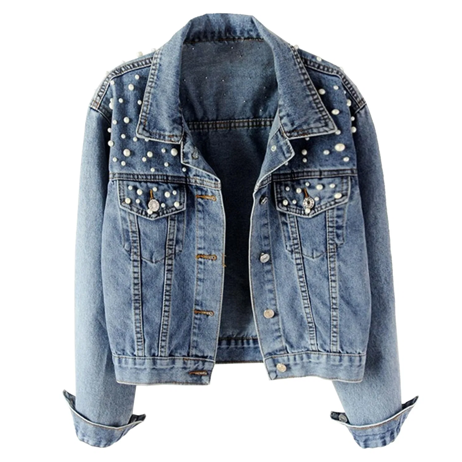 Женское джинсовое пальто с жемчужной вышивкой Oversized Denim Jacket, Blu