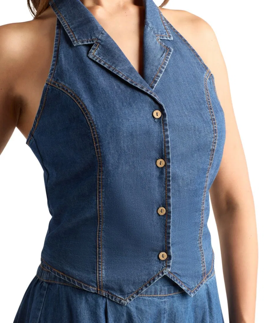Джинсовый жилет без рукавов с воротником-халтер BCX, Denim — фото 3