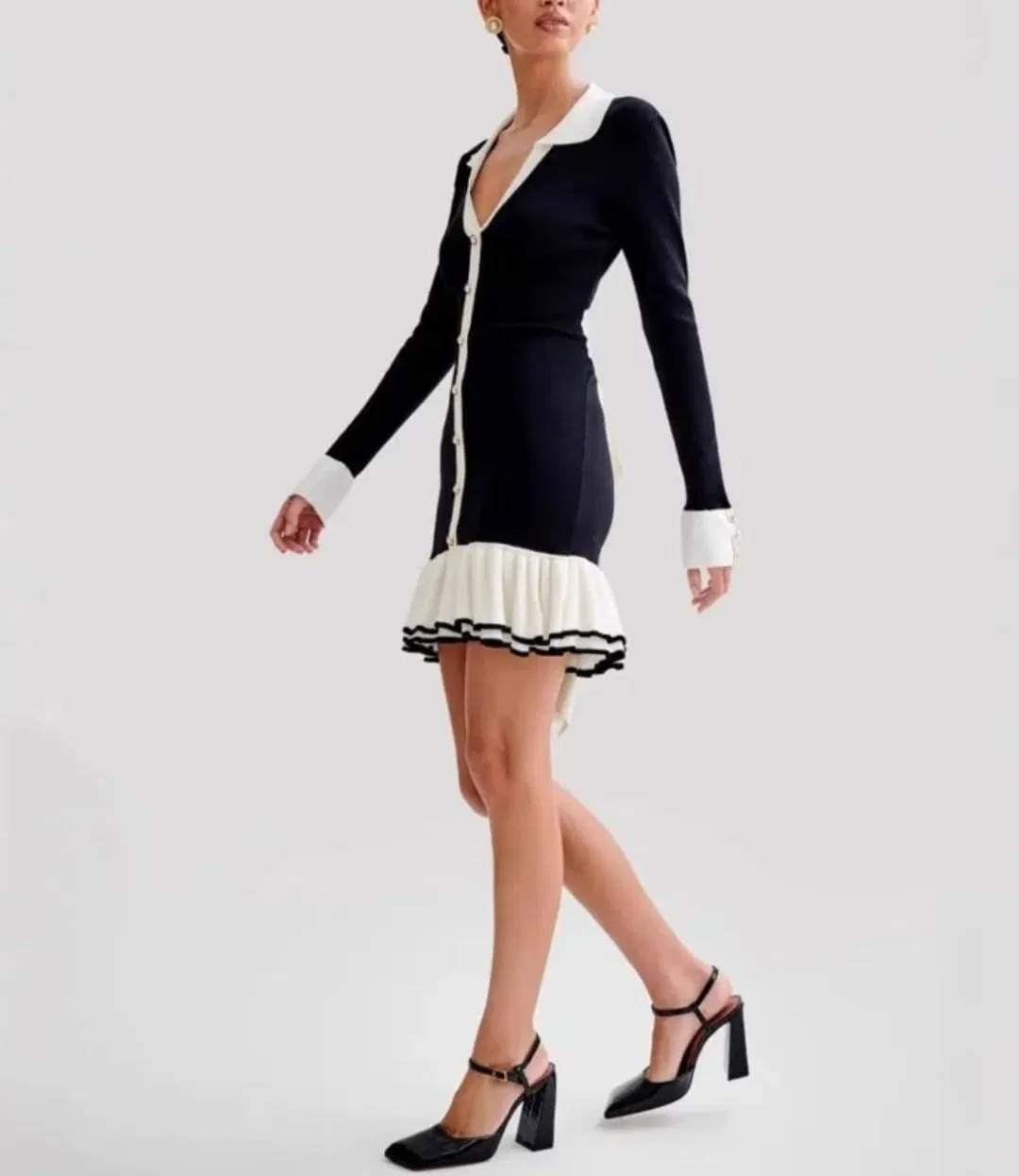 Женское платье мини с воланами и бантом Knitted Dress, Black — фото 3