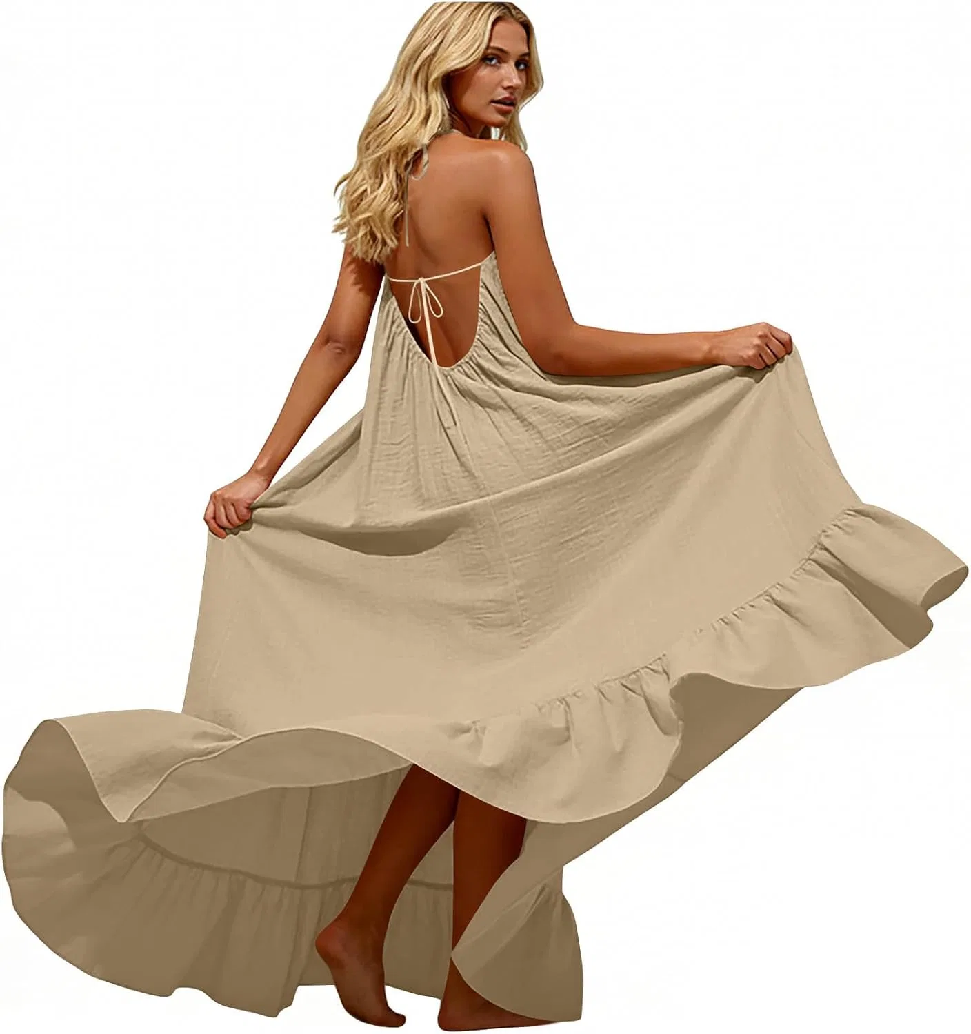 Женское летнее макси-платье на завязках Backless Cami Dress, Khaki — фото 2