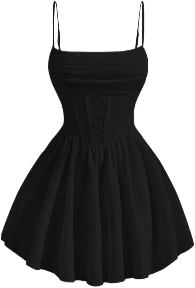 Женское короткое cami платье на бретелях с защипами на талии, Black