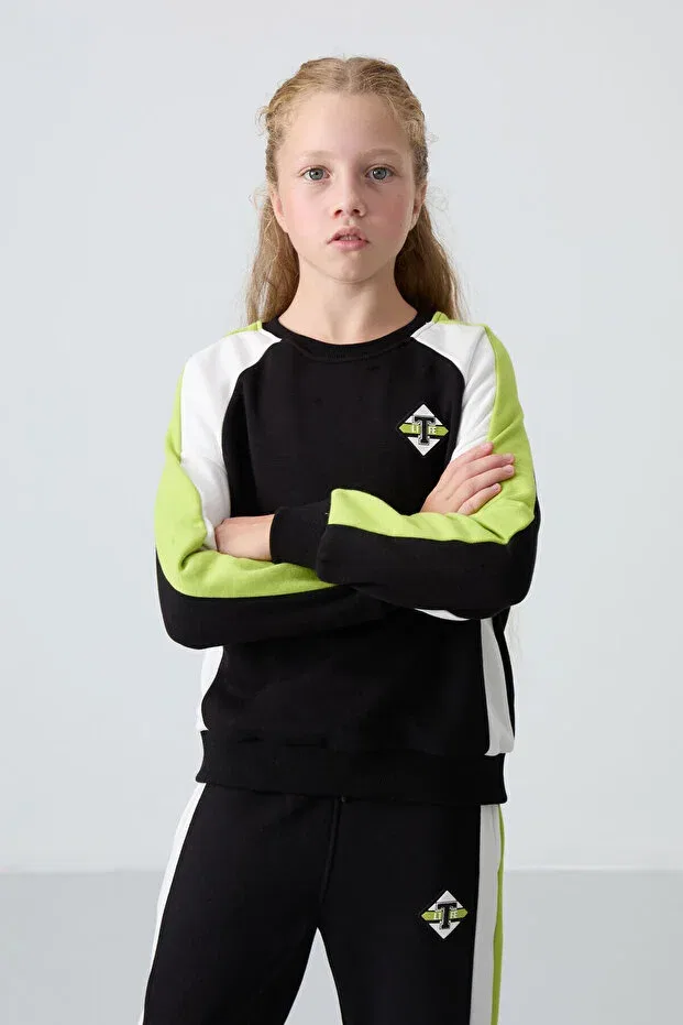 Детский спортивный комплект для девочек с принтом Black O Neck Wide Leg Standard Fit Printed Girl's Tracksuit Set Tommy Life, Черный Черный — фото 3