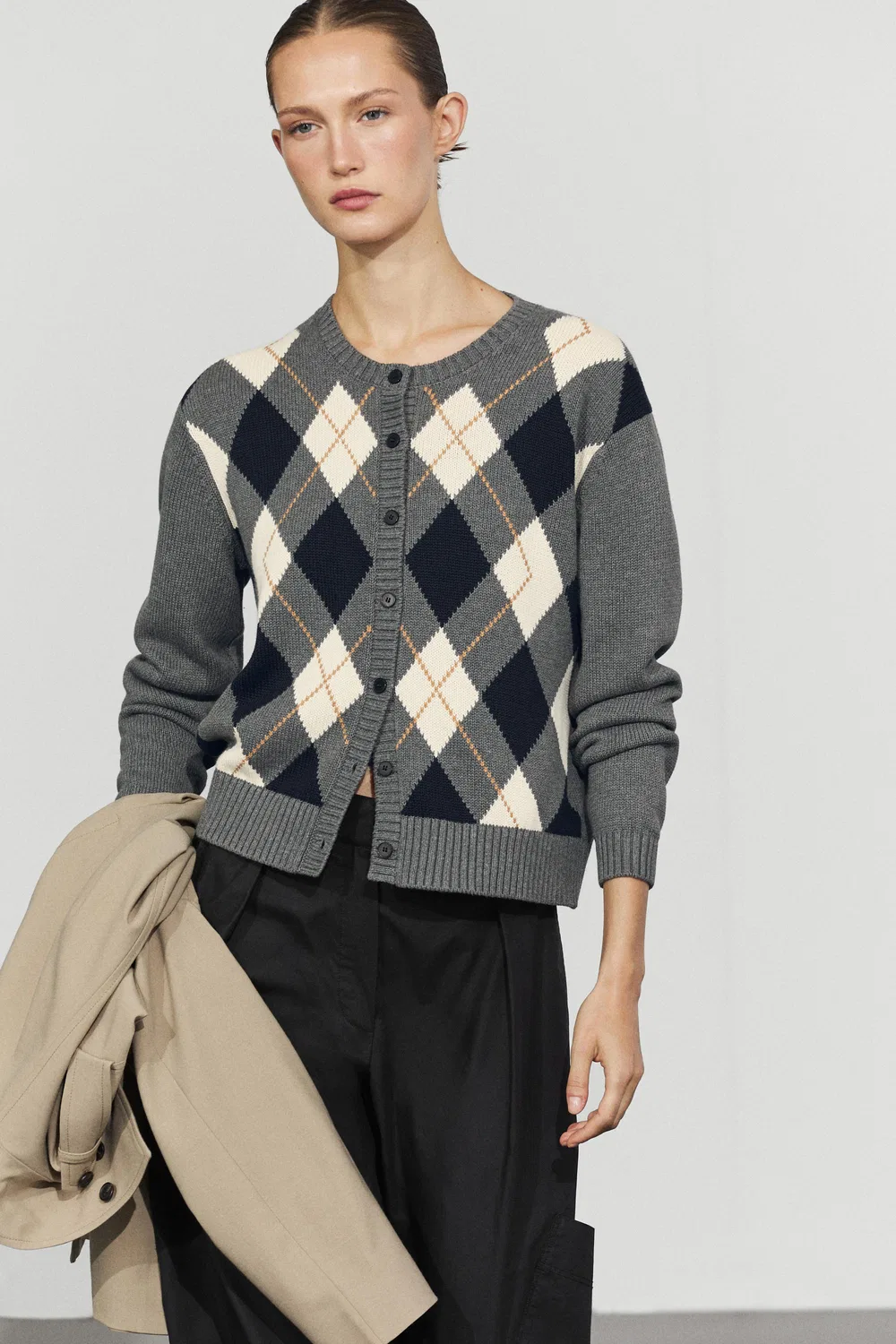 Кардиган Massimo Dutti 100% Cotton Diamond Knit, серый