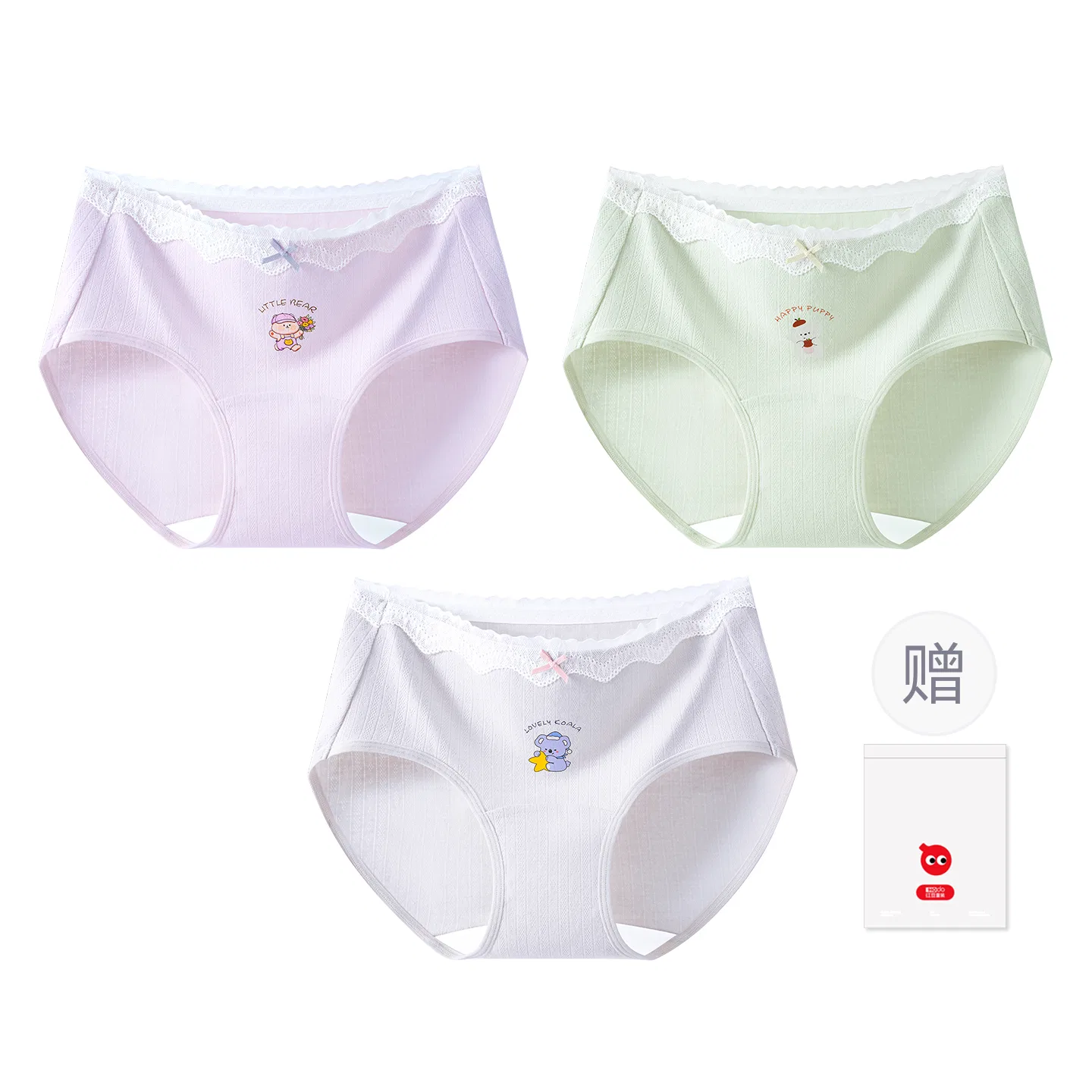 Детское белье для девочек хлопковое 3 предмета Red bean, Taro Purple + Misty Blue + Fruit Green