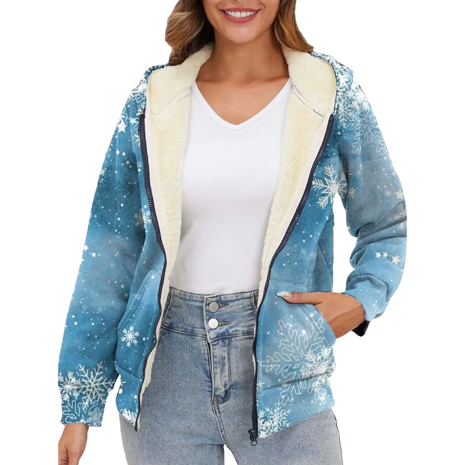 Женское утеплённое пальто на флисе с принтом Vintage Jeans, Blue Sky — фото 2