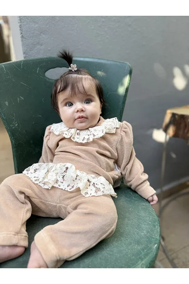 Детский комплект из вельвета с кружевом Mysweetbox Hediyelik Konsept Kutu, Beige — фото 4