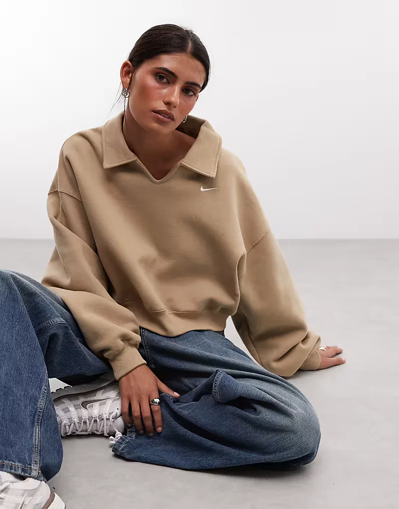 Укороченная флисовая рубашка-поло Nike Studio Fleece Oversized, бежевый