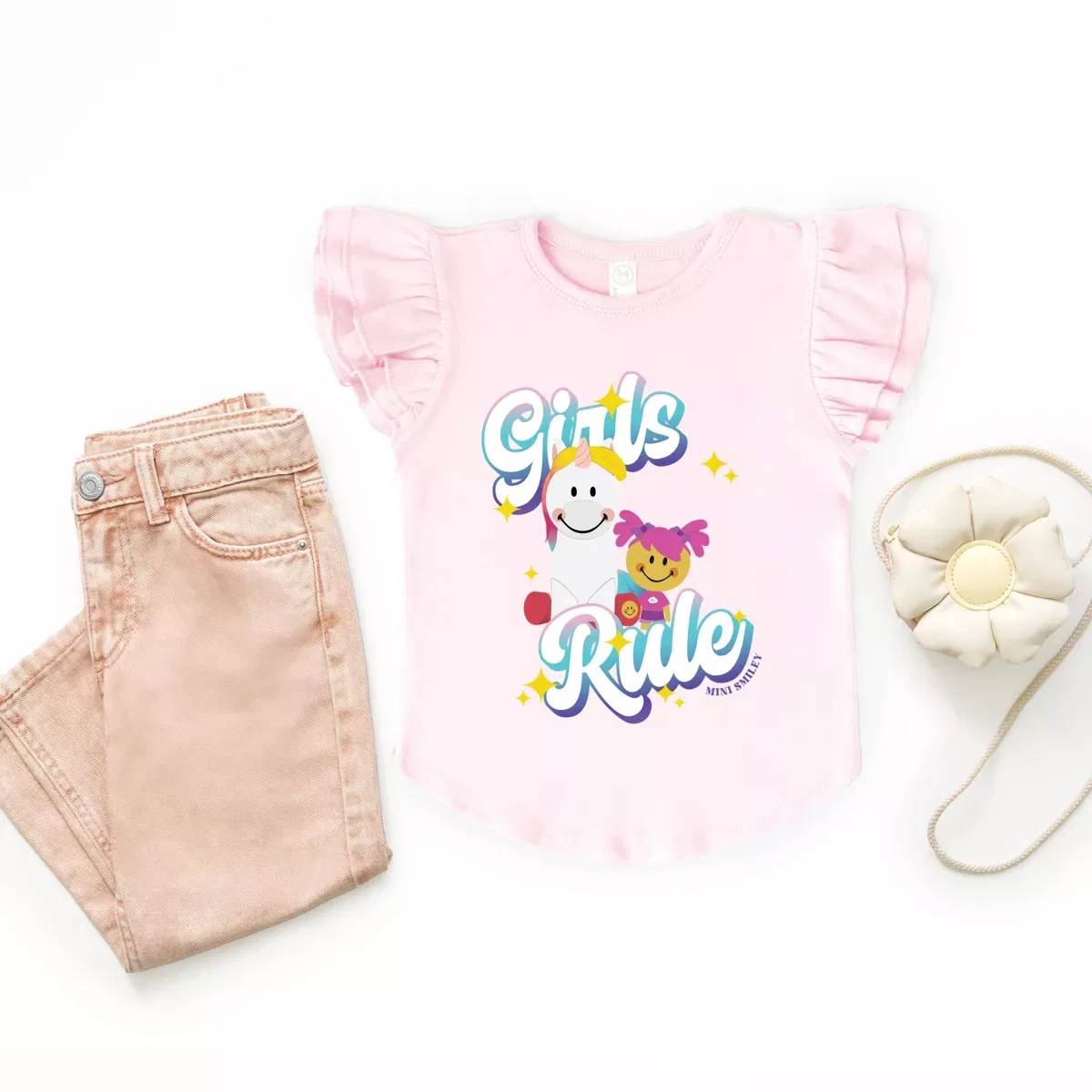Детское футболка для девочек с принтом Mini Smiley Girls Rule The Juniper Shop, Seafoam — фото 3