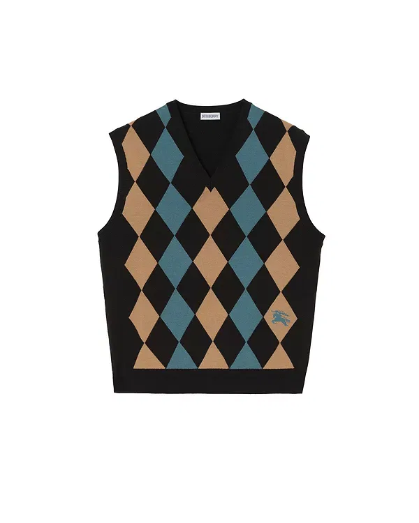 Мужской вязаный жилет с V-образным вырезом из мериносовой шерсти Argyle Burberry, Charred Brown — фото 2