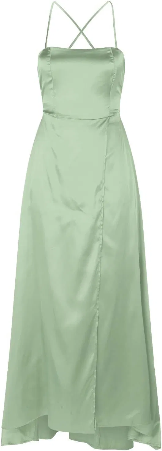 Женское длинное платье на бретелях с карманами Satin, Green — фото 2
