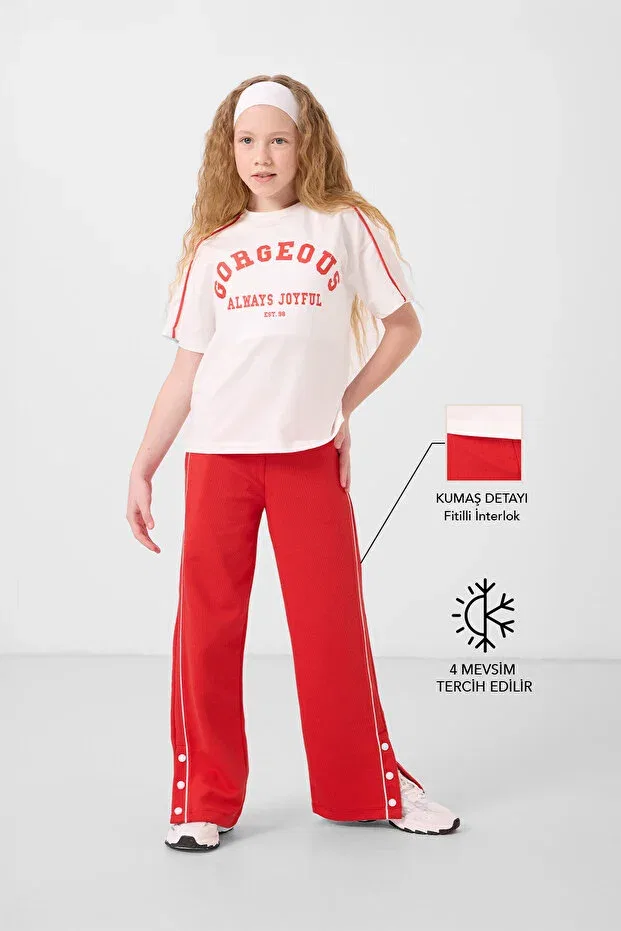 Детский спортивный костюм для девочек с принтом Ecru-Fiesta o neck printed wide leg snap detailed girl's palazzo tracksuit Tommy Life, Ecru - Fiesta — фото 3