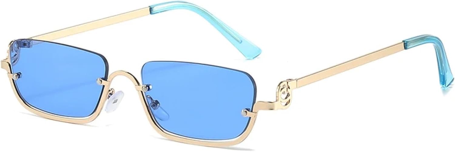 

Солнцезащитные очки в полуободковой оправе для женщин, роскошные, маленькие, металлические, ретро, ​​прямоугольные, черные, модные женские очки с защитой от УФ-излучения UV400 TKKTLLT, Gold Blue