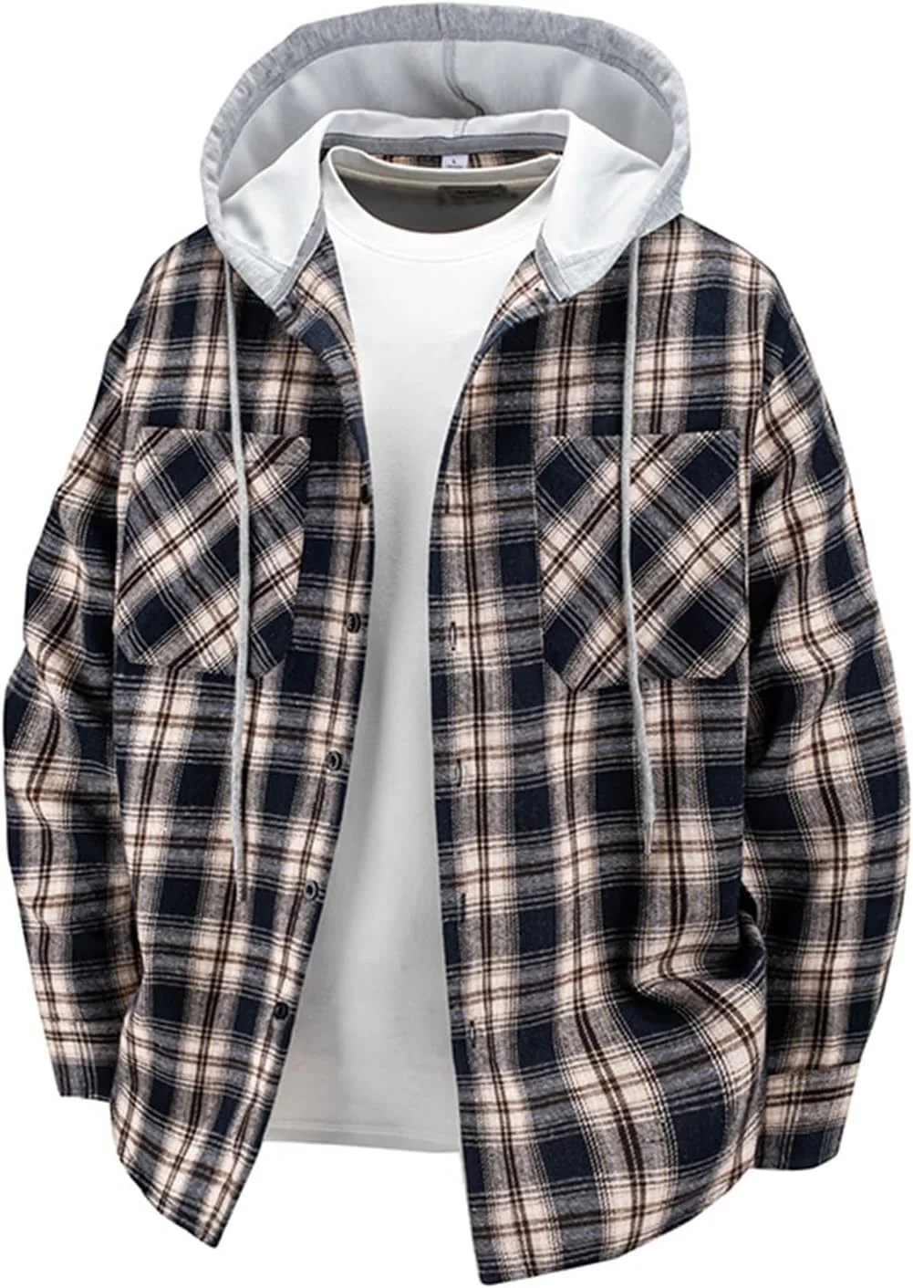 

TWGONE мужская фланелевая рубашка с капюшоном, клетчатая, на пуговицах
