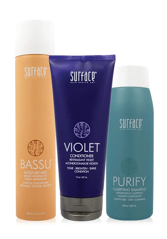 Набор для ухода за волосами Surface Hair Perfect Blonde: очищающий шампунь Purify, кондиционер Violet и увлажняющий спрей Bassu.