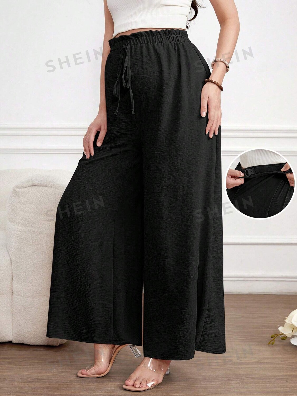 

Однотонные простые широкие брюки для беременных женщин Shein, черный