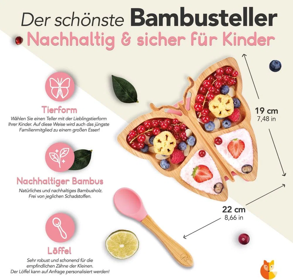 Детский тарелка из бамбука с присоской и ложкой Schmetterlingsteller Rosa DS Produkte, розовый — фото 3