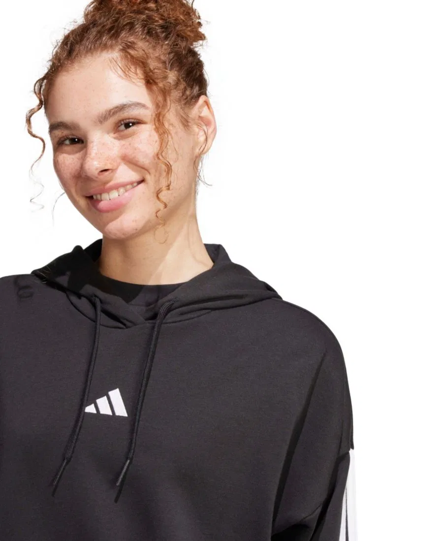 Женский укороченный худи из футера с фирменными полосками adidas, Black/White — фото 3