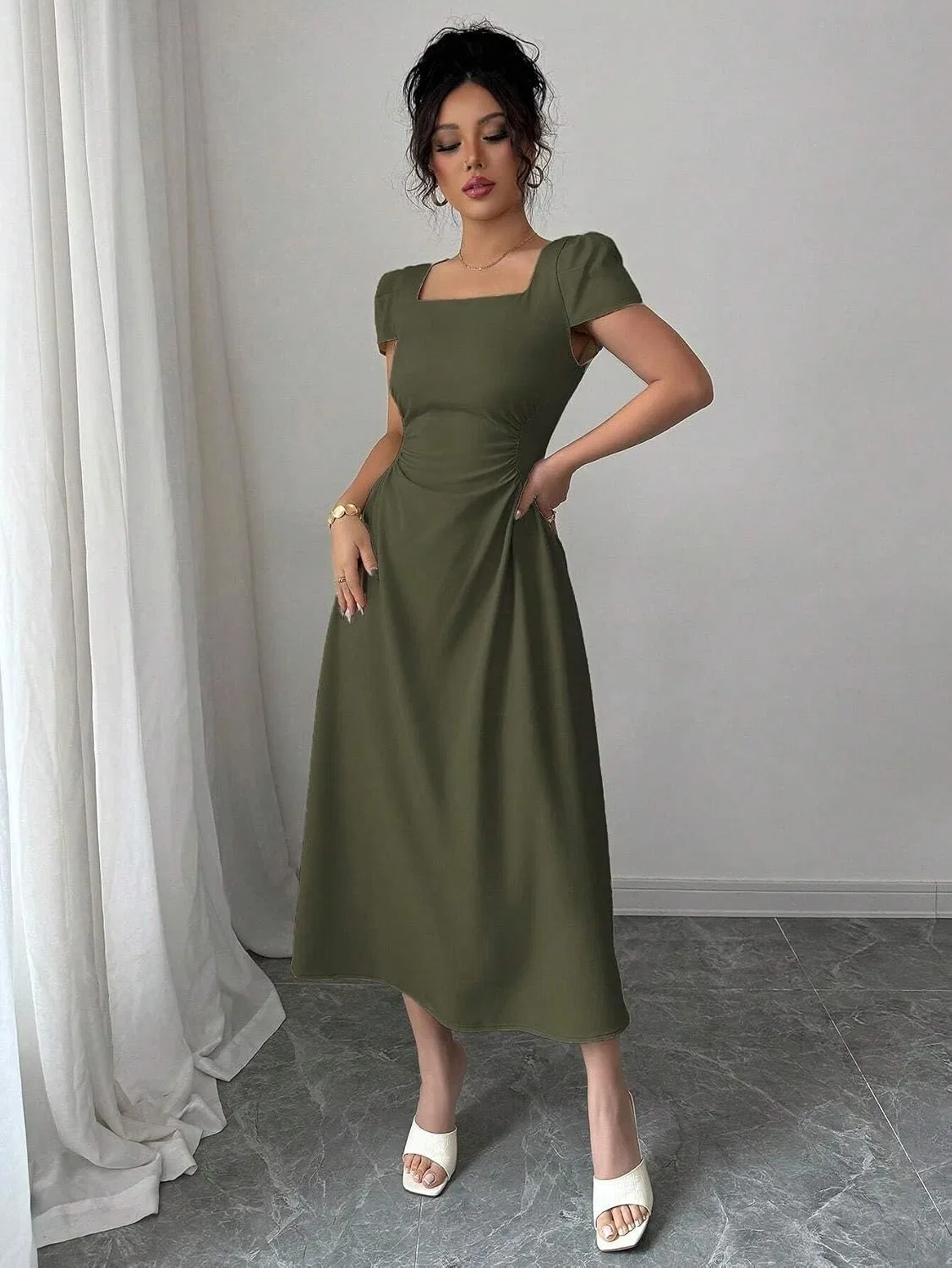 Женское элегантное платье миди с квадратным вырезом, Army Green — фото 4