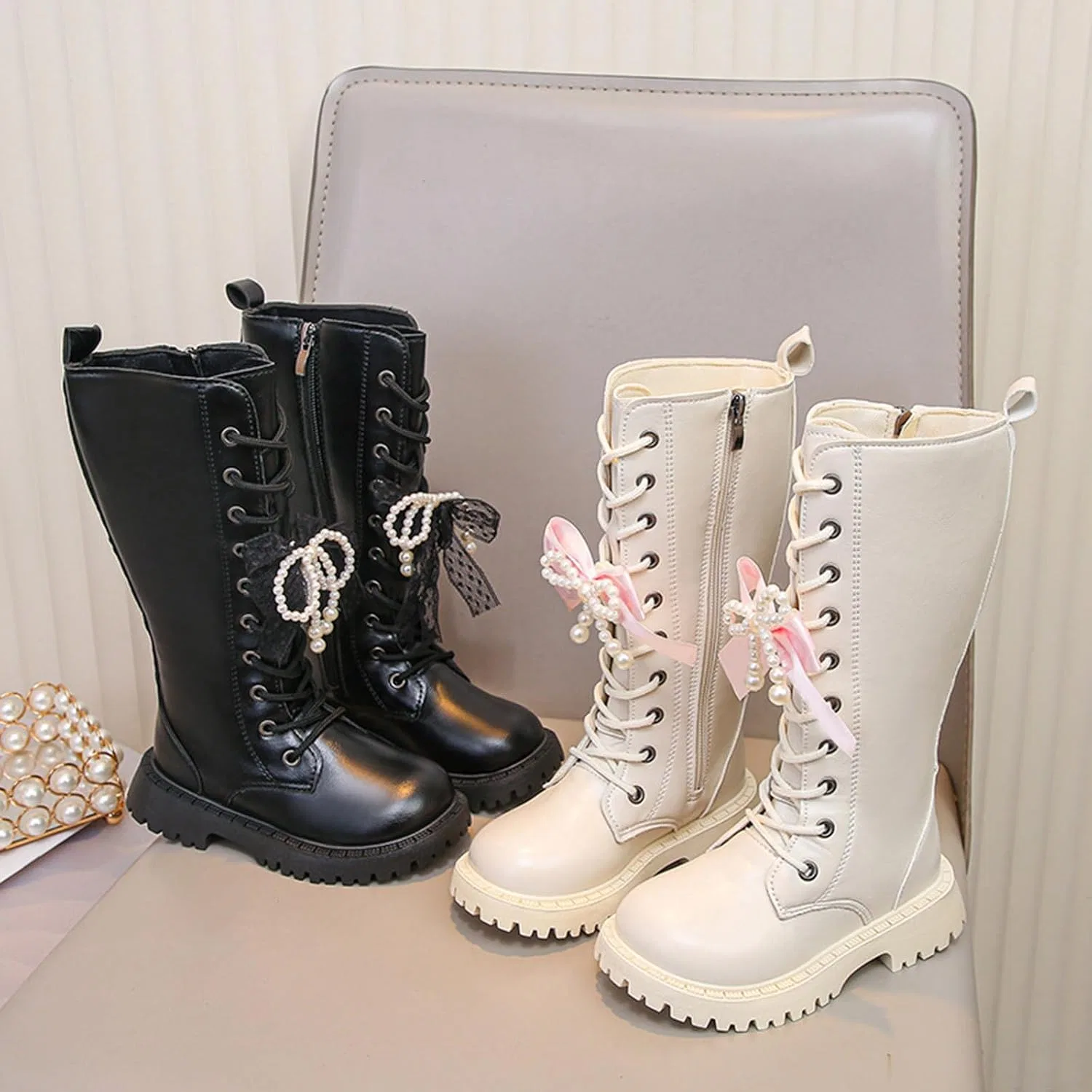 Детские ботинки на шнуровке с молнией, модель Combat Boots, Beige — фото 4