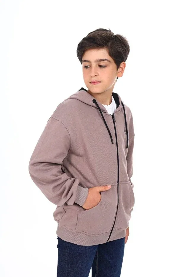Детский кардиган с капюшоном Bitter brown boy's hooded zippered pockets low shoulder printed knitted cardigan - 3 thread without shardon Toontoy, Bitter Coffee — фото 3