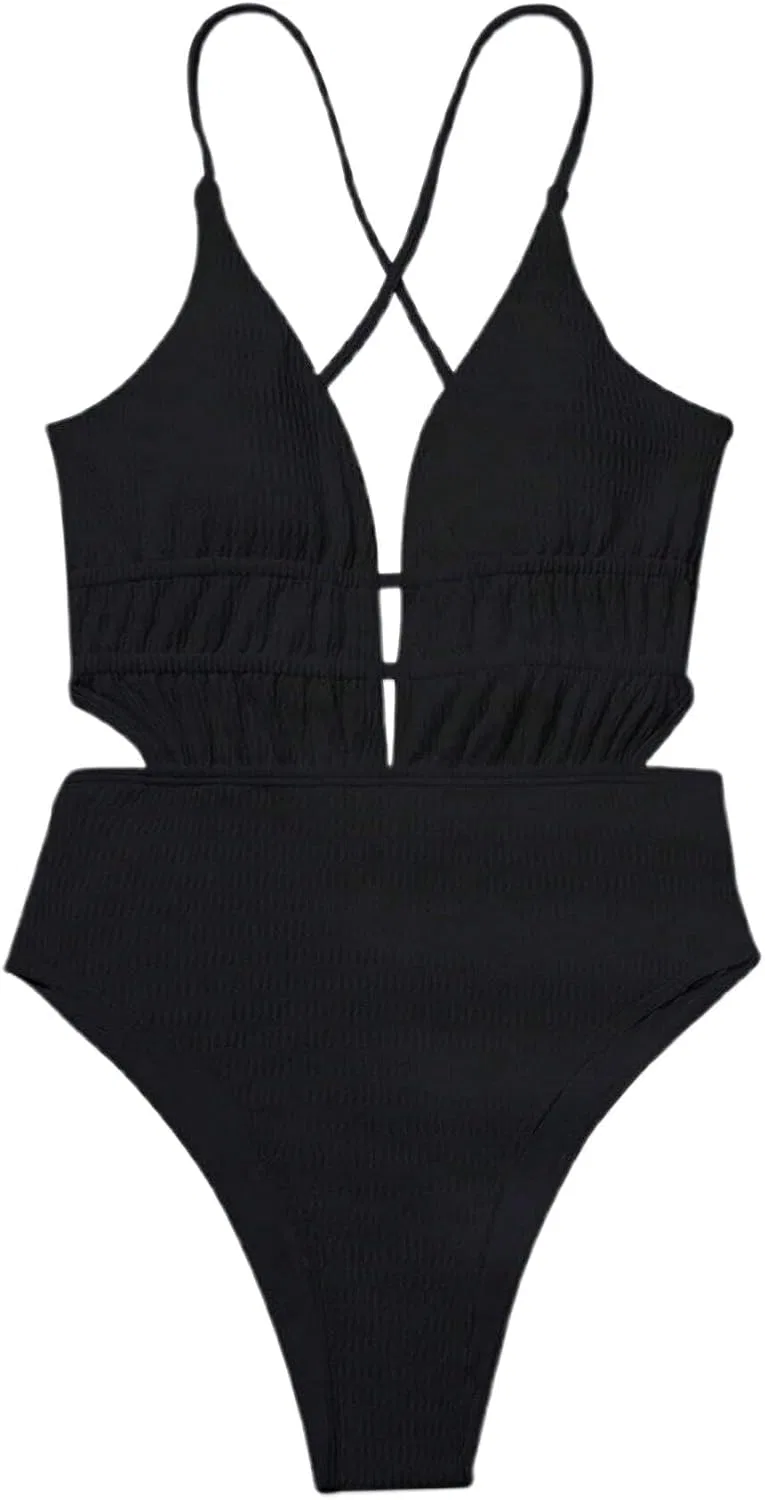 Женский слитный купальник с V-образным вырезом Ribbed, Black — фото 3