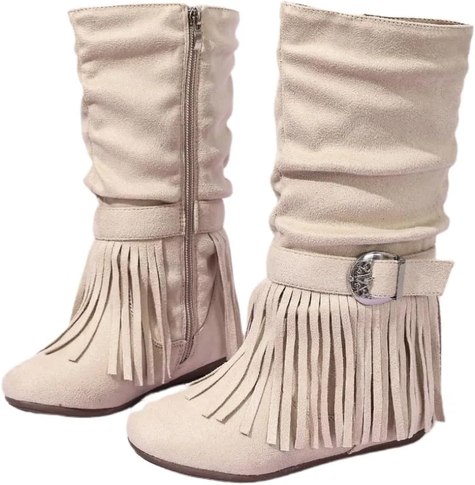 Детские сапоги для девочек с принтом и боковой молнией Retro Tassel Cowboy Auhoho, Beige