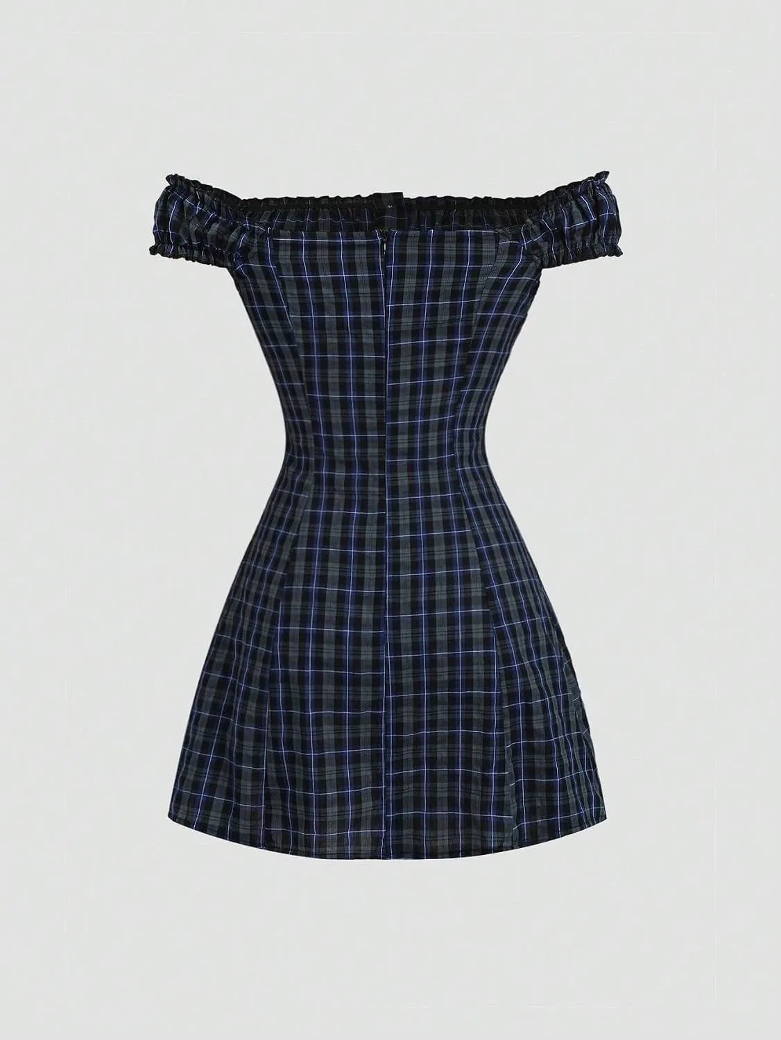 Женское платье мини A-силуэта с запахом, клетка, Off Shoulder, Blue — фото 2