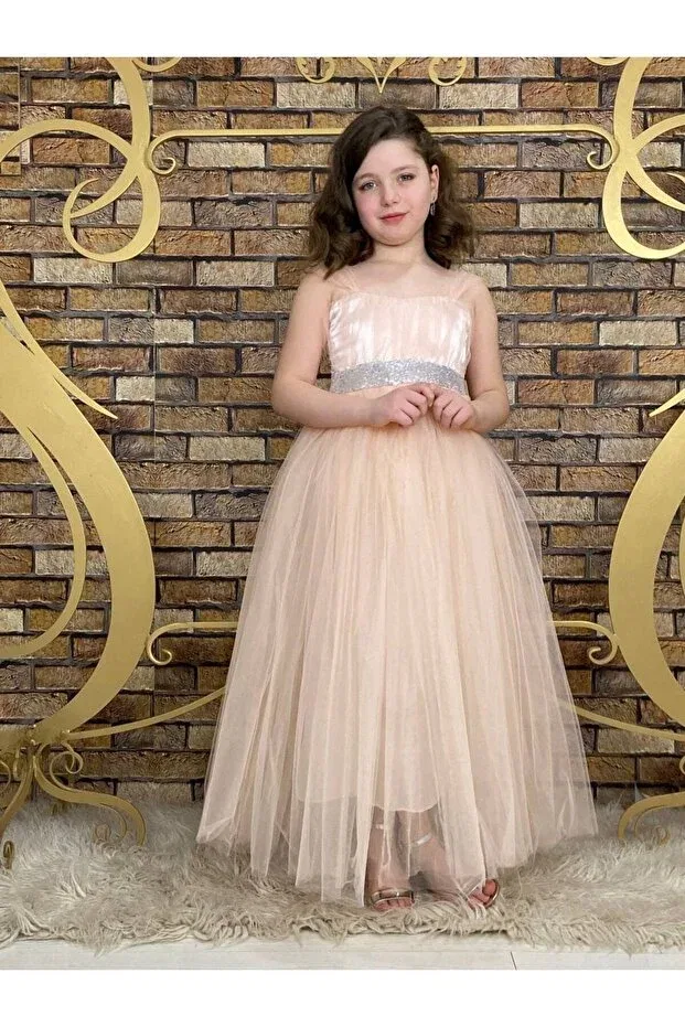 Детское платье для девочек с пайетками Salmon color sequin detailed full length children's evening dress show and party dress aby4456 Abiyekids, Somon