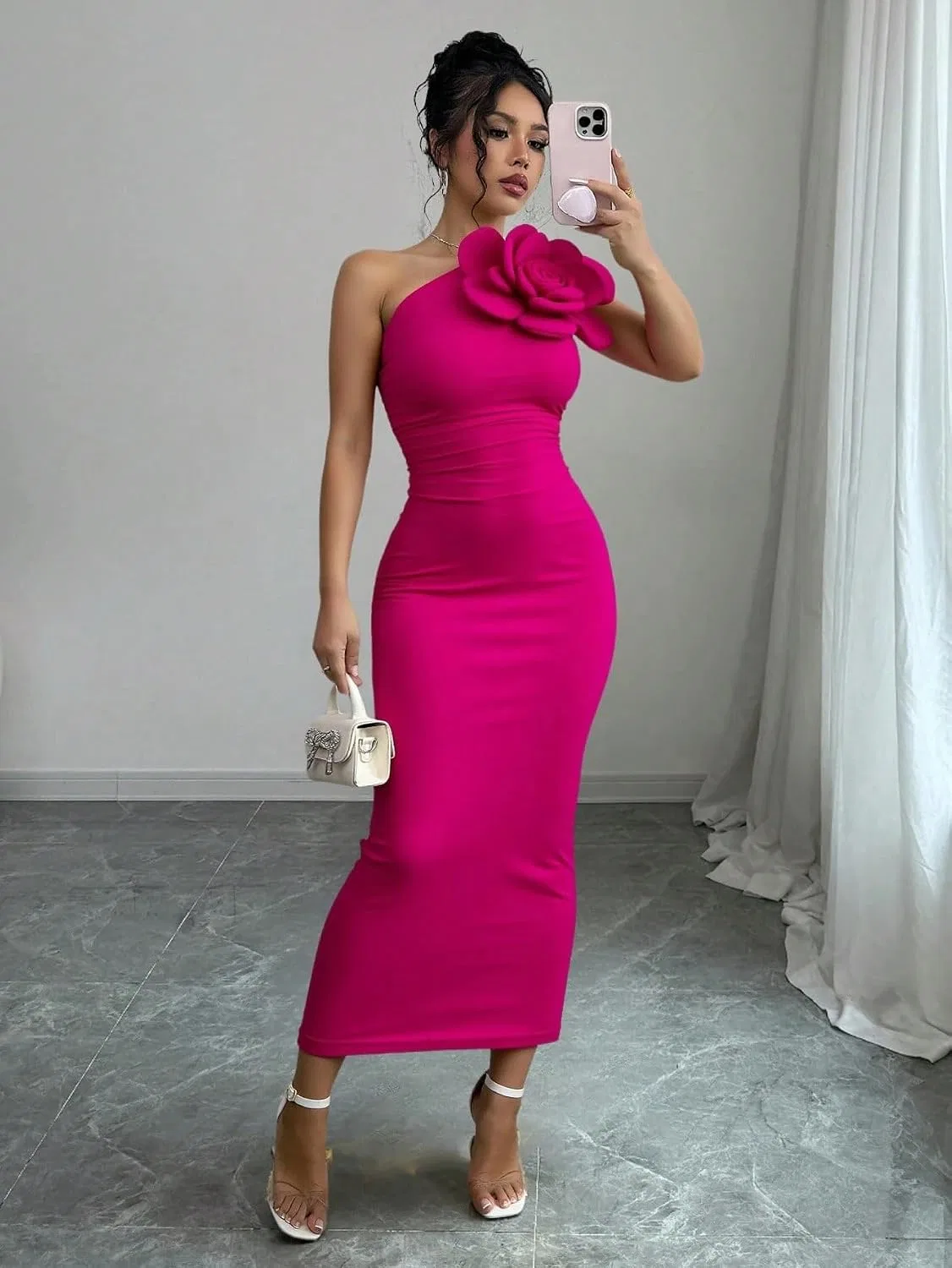 Женское платье-миди с драпировкой Bodycon, Hot Pink — фото 3