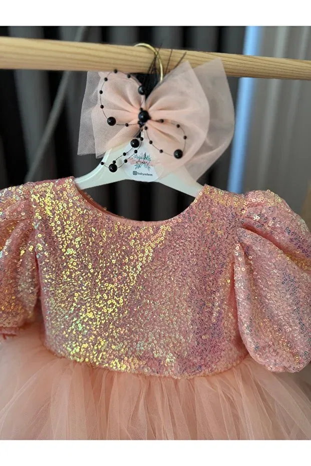 Детское платье-трапеция для девочек с пайетками Sequin sequined tutu puffy birthday party costume short balloon sleeves evening dresses girls kids dress Baby, Salmon — фото 4
