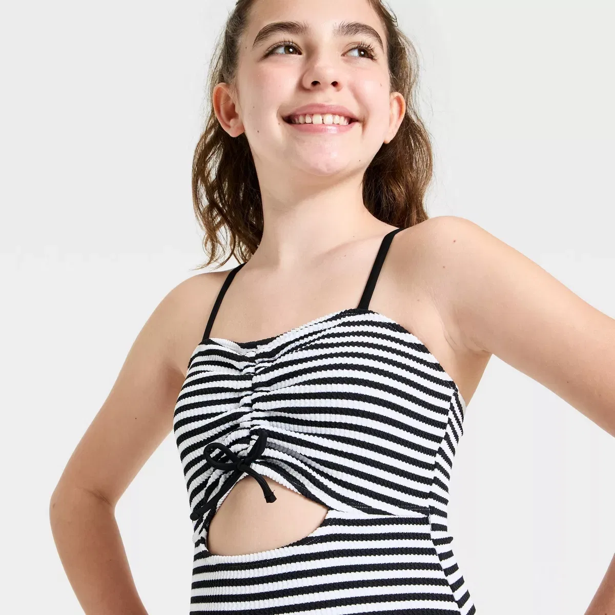 Детский купальник-слитник для девочек с принтом Crinkle Striped One Piece Swimsuit GIRLS SWIM/OUTERWEAR, Black — фото 3