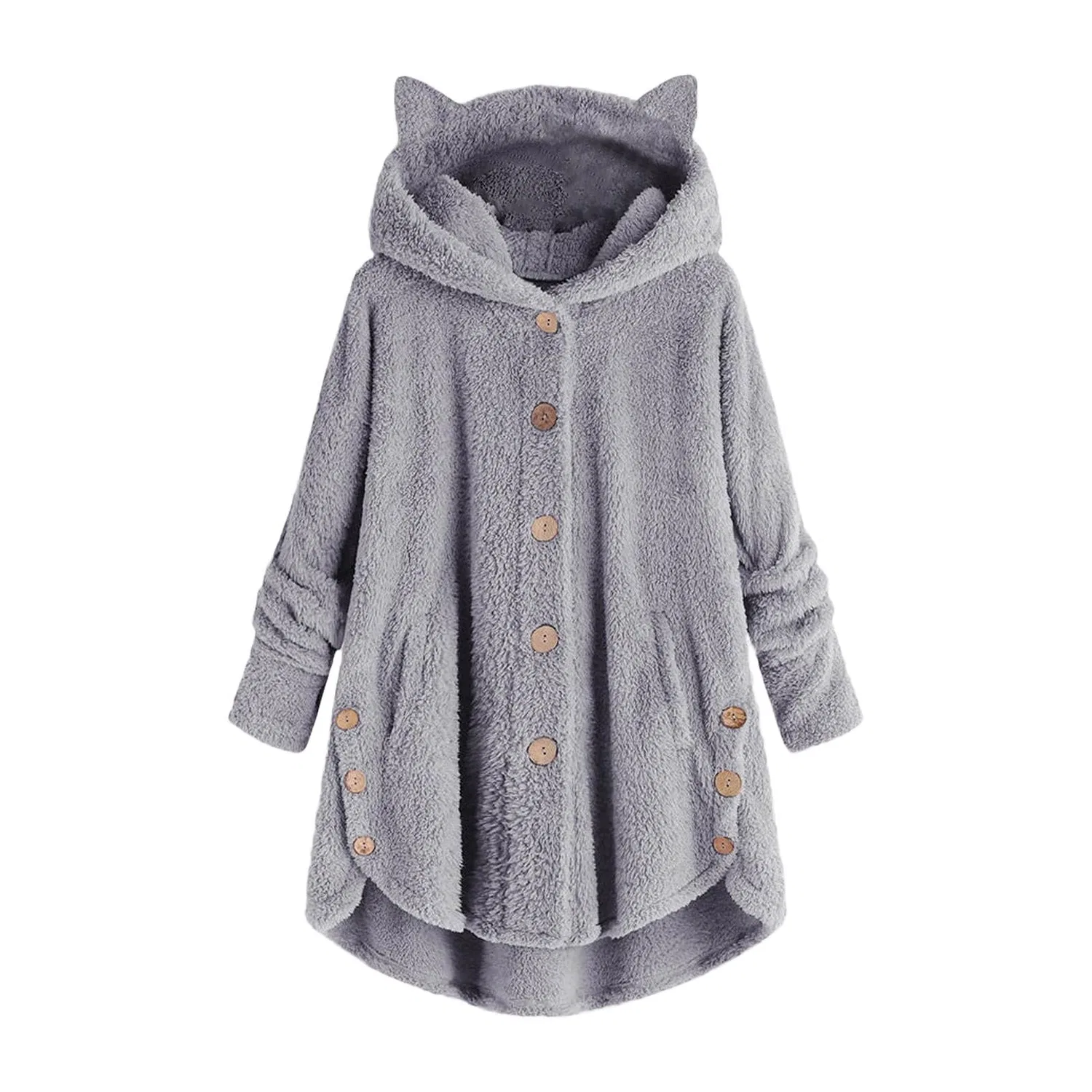 Женское длинное пальто из флиса с капюшоном, с принтом, oversize, Grigio