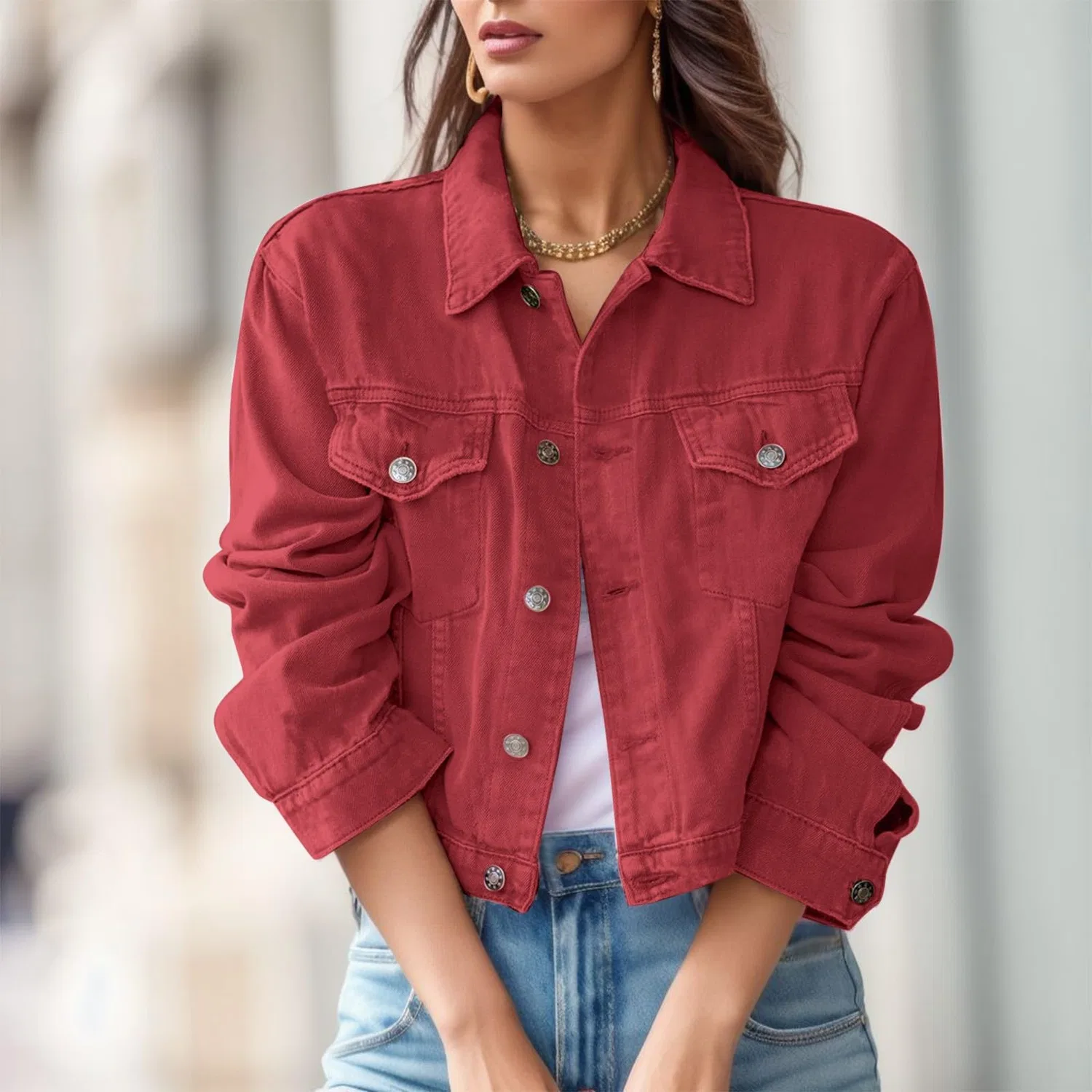 Женское джинсовое пальто с эффектом потертости, модель Vintage Short, Red — фото 2