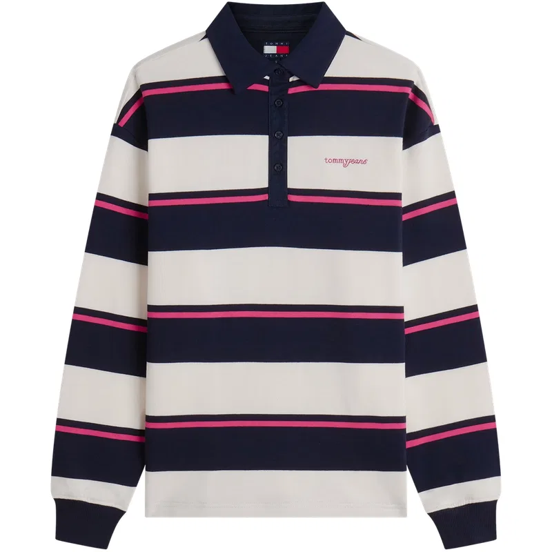 Женская толстовка с полосками Polo Collar Tommy Hilfiger, Navy Blue Beige White Pink Stripes 0FD — фото 3